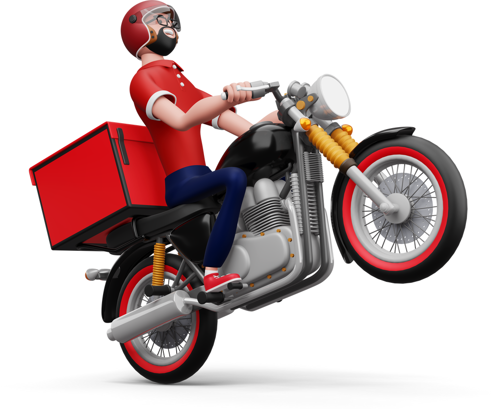 Delivery man riding a motorcycle with delivery box